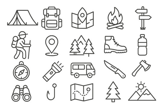 Vector icon set illustrating outdoor camping and hiking activities with essential gear and nature elements for adventure enthusiasts