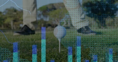 Flat design data overlays floating over golf ball on tee while blue and green bars rising - Powered by Adobe