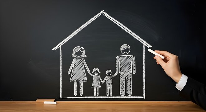 El hombre dibuja el techo de la familia en la pizarra. Concepto de propiedad de la vivienda.