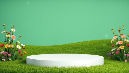 Empty white circular podium on a vibrant green field with colorful wildflowers against a white background. Spring, floral concept with copy space.