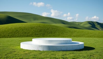 Description (Under 200 characters):

Empty display podium on a lush green field with rolling hills and blue sky. Nature, outdoor concept with copy space.