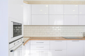 interior apartment kitchen and dining room, refectory area, cooking equipment, table furniture,...