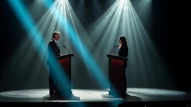 Political debate on stage.  Two figures, a man and a woman, at podiums, facing each other under spotlights
