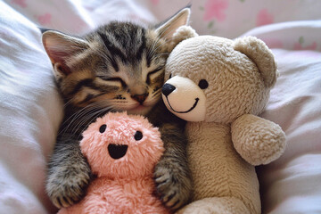 Fototapeta premium Kitten snuggles with plush toys in cozy bed and enjoys peaceful sleep during the afternoon