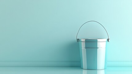 Bucket placed in diagonal angle with reflection on mint blue surface