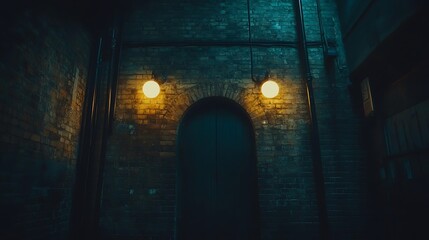 Obraz premium Eerie urban scene with glowing orbs illuminating a mysterious dark doorway