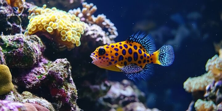 A boxfish gliding past a rocky coral formation, its vibrant colors standing out against the reef