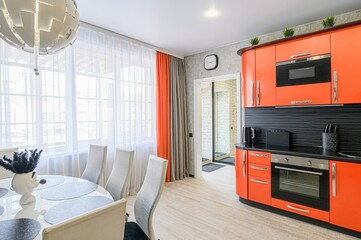 interior apartment kitchen and dining room, refectory area, cooking equipment, table furniture,...