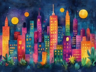 Colorful cityscape illustration with tall buildings under a dark starry sky.
