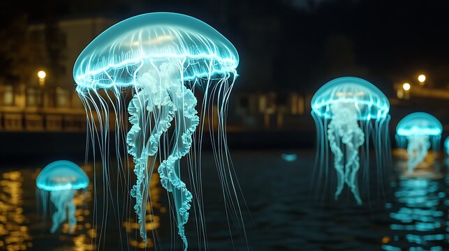 Glowing bioluminescent jellyfish floating in dark ocean mystical underwater ambiance