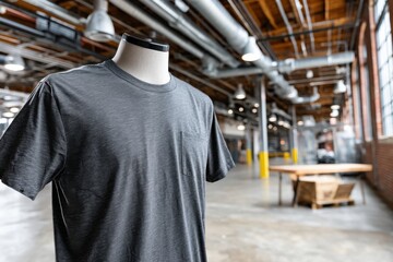 Fototapeta premium This image showcases a stylish gray t-shirt on a mannequin placed in a spacious, minimalist setting, emphasizing the simple design and modern aesthetic.