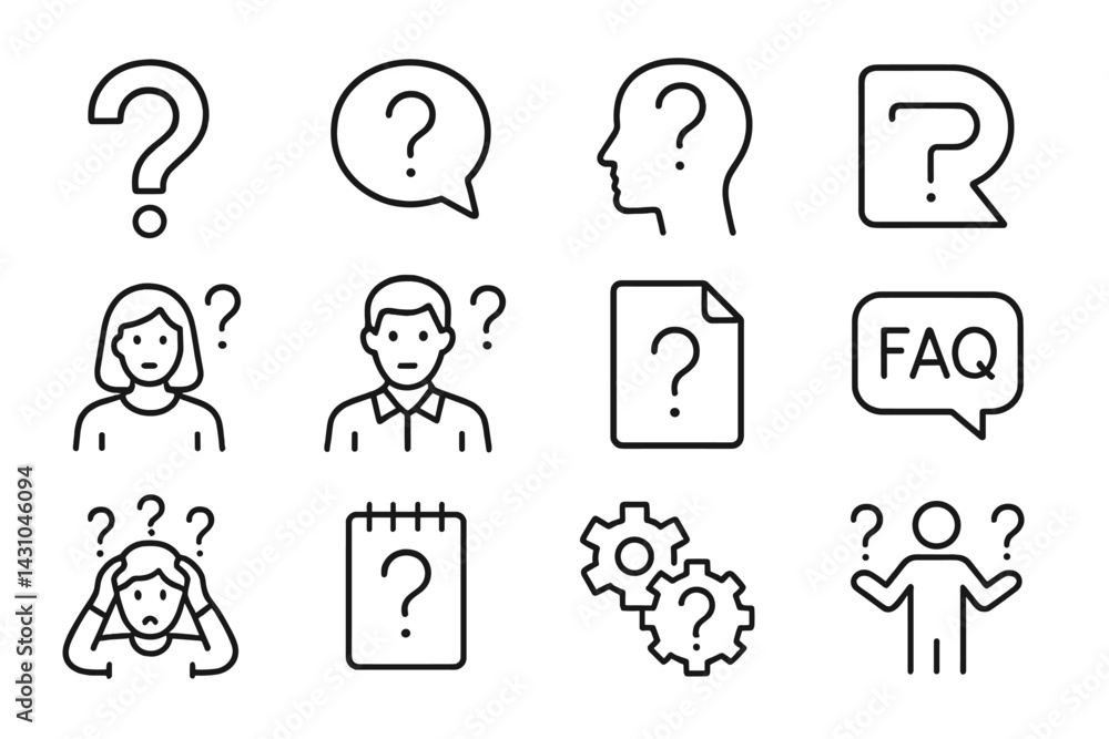 Poster vector icon set illustrating various symbols of inquiry and questions for use in design projects and