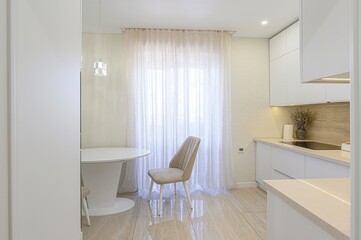 interior apartment kitchen and dining room, refectory area, cooking equipment, table furniture,...