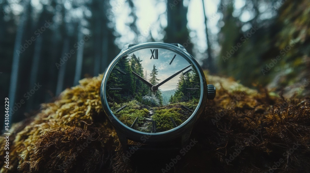 Poster creative watch face depicting time through seasons in a pine forest setting with lush greenery and s