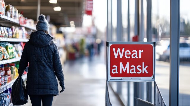 A "Wear a Mask" sign posted outside a grocery store entrance, reminding customers of safety measures