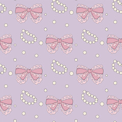 Fototapeta premium Various bows, gift ribbons Seamless Pattern. Bowknots hand drawn Fashionable vector illustration. Hair accessories. Bow knots for gift wrapping. Gift bows, magic bow illustration.Celebration, party