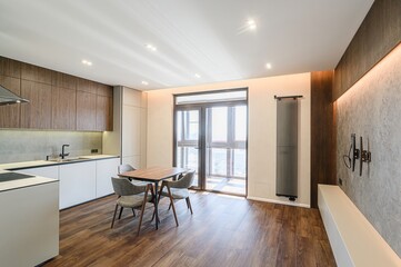 interior apartment kitchen and dining room, refectory area, cooking equipment, table furniture, stove