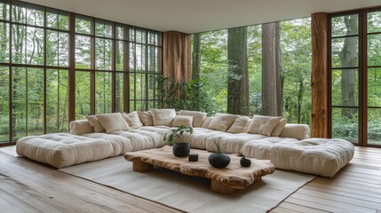 Modern Living Room, Nature View, Wooden Floor