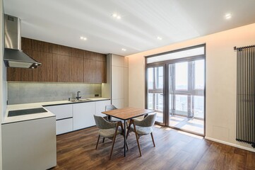 interior apartment kitchen and dining room, refectory area, cooking equipment, table furniture,...