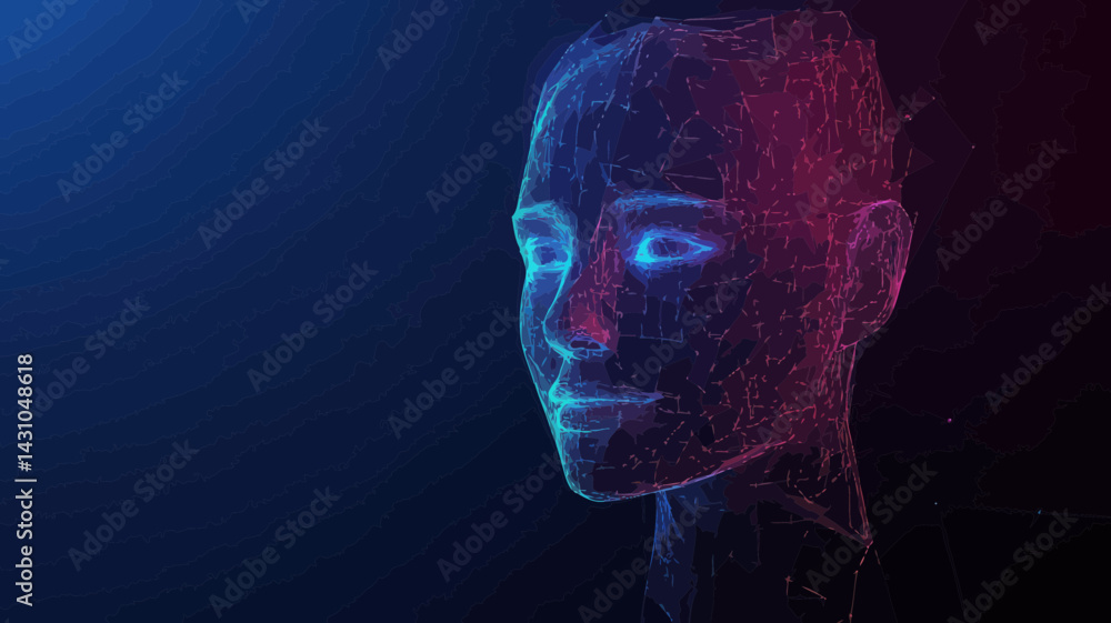 Poster futuristic 3d mesh facial recognition low poly wireframe vector banner with smart identification sys