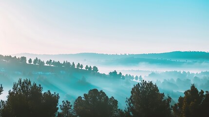 Evocative forest landscape with morning mist and sun rays peeking through trees