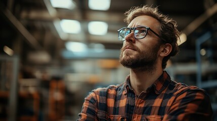 Fototapeta premium Factory worker pensive, arms crossed, industry background