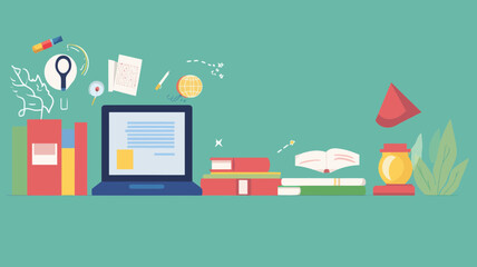 Fototapeta premium Flat Design Banners for Distance Education and E-Learning Concepts with Laptop Books and Study Tools Vector Illustration