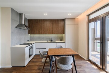 interior apartment kitchen and dining room, refectory area, cooking equipment, table furniture, stove