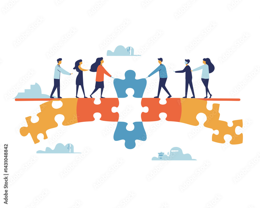 Poster business teamwork vector: collaborative problem solving with jigsaw puzzle bridge for team success a