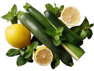 Fresh Vegetables and Herbs with Lemon on Wooden Surface