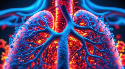 Obraz premium Detailed anatomical rendering of human lungs, showcasing the complex network of blood vessels. Bright colors highlight anatomical structures.