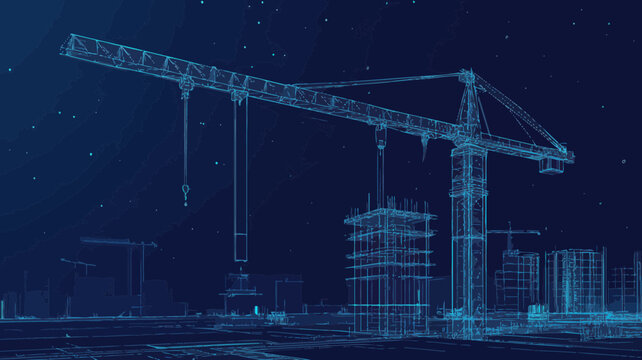 Digital Wireframe Illustration of Tower Crane Lifting Slab in Building Construction Process on Dark Blue Background