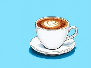 Pixel Art Coffee Cup with Latte Art on Light Blue Background Simple Design