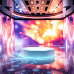 Empty circular platform in a modern hologram studio with vibrant digital screen background and floor reflections. Technology, presentation concept.