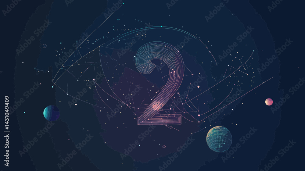 Poster abstract wireframe number 2 in starry universe vector image, cosmic space elements, minimalist svg f