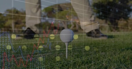 Flat design golf ball merging with financial graph overlays on putting green, showing analytics - Powered by Adobe