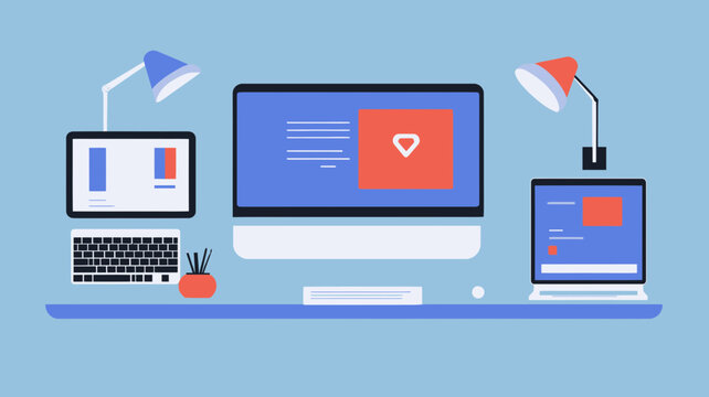Flat Design Illustration of Responsive Web Design and Development Workspace with Multiple Devices and Minimalist Setup