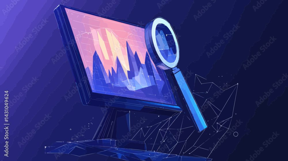 Poster flat minimalist vector of magnifying glass and upward arrow on low poly computer monitor illustratin