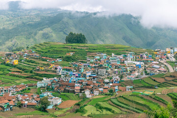 Vibrant terraced fields and colorful houses in Poombarai village near Kodaikanal with misty mountains in the background