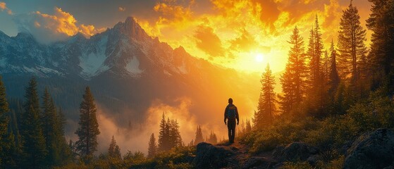 Fototapeta premium Person walking towards mountains and forest during sunset with orange sky.