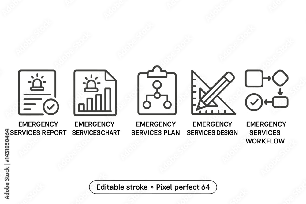 Poster vector icon set for emergency services reporting and planning processes including charts and designs