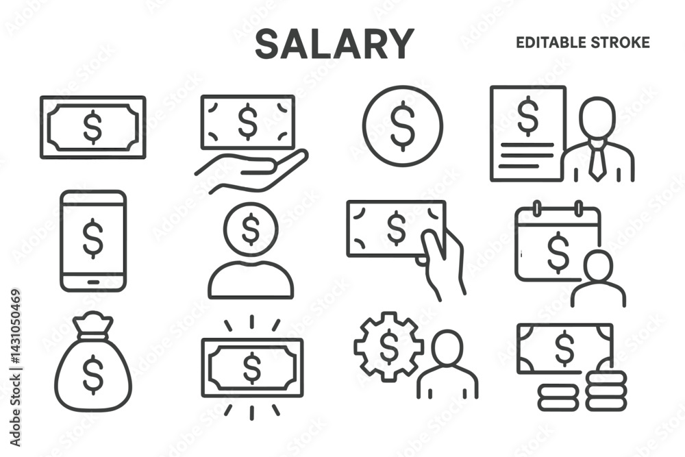 Poster vector icon set featuring salary and payment related symbols designed for financial apps and website