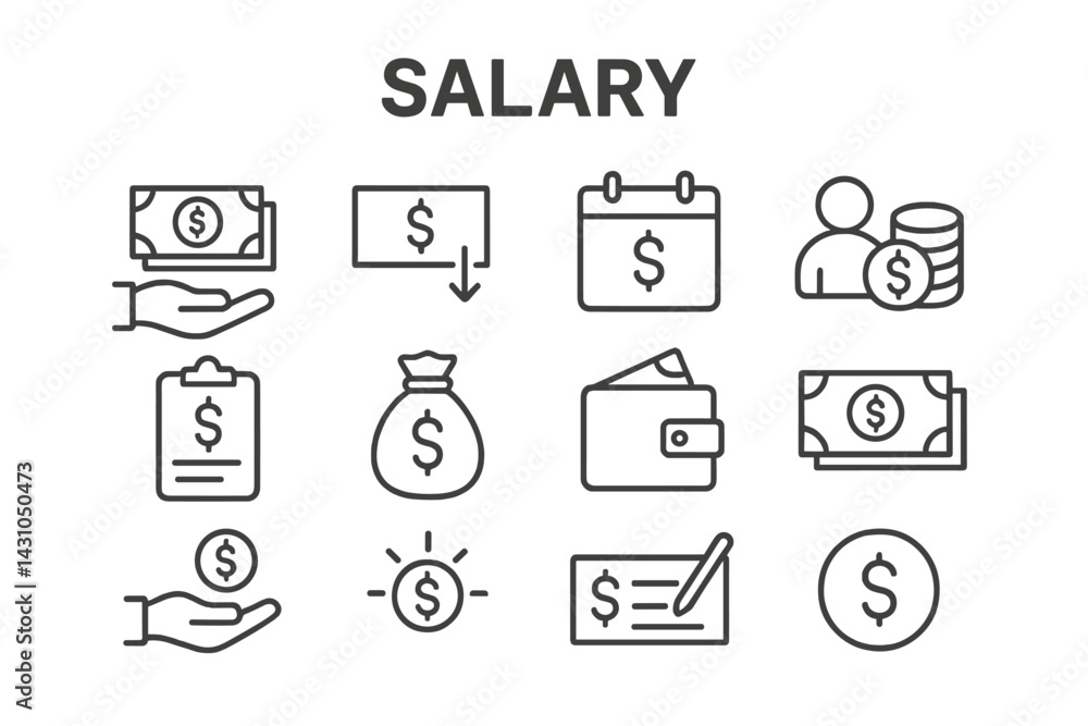 Poster set of vector icons representing various concepts related to salary and financial transactions