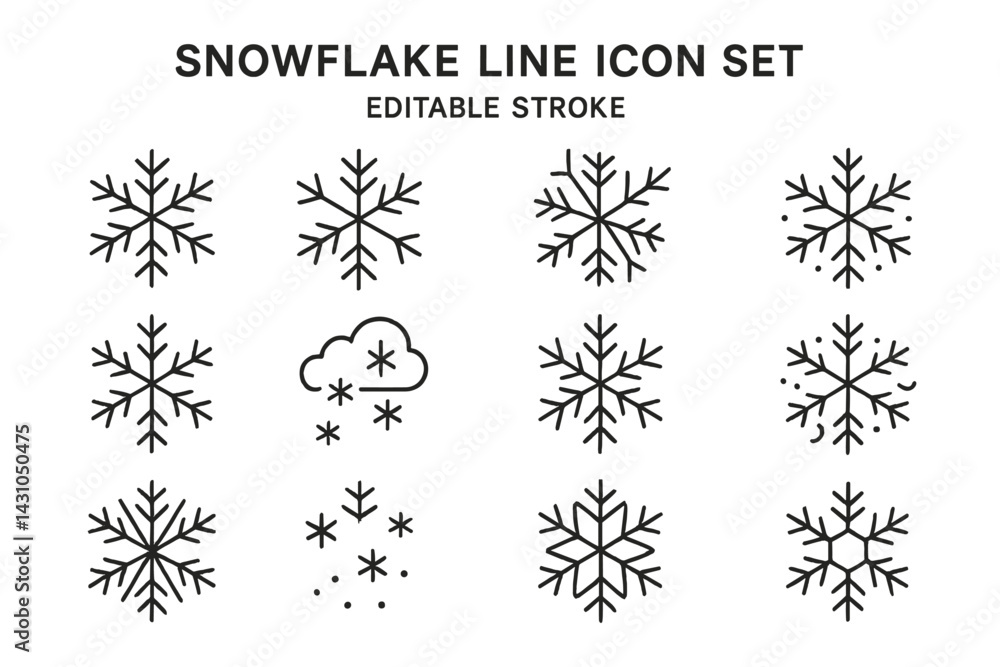 Poster snowflake line icon set featuring various snowflake designs and a snow cloud with falling snow eleme