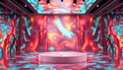 Empty circular podium in a modern studio with abstract digital screens. Technology, presentation concept with copy space.