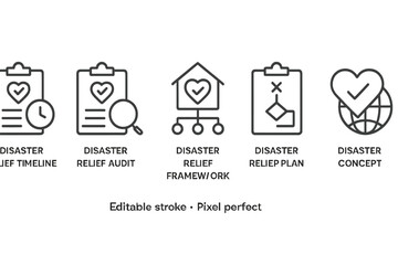 Vector icon set depicting disaster relief processes for efficient planning and response in emergencies