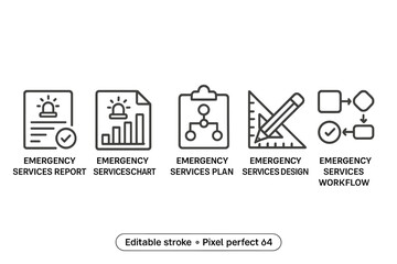 Vector icon set for emergency services reporting and planning processes including charts and designs