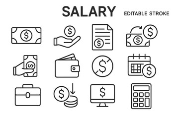 Salary vector icon set featuring money, transactions, budgeting, and financial activities for clear visual representation