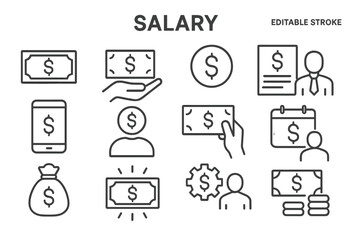 Vector icon set featuring salary and payment related symbols designed for financial apps and websites