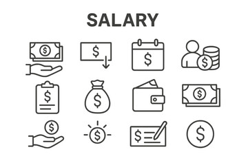 Set of vector icons representing various concepts related to salary and financial transactions